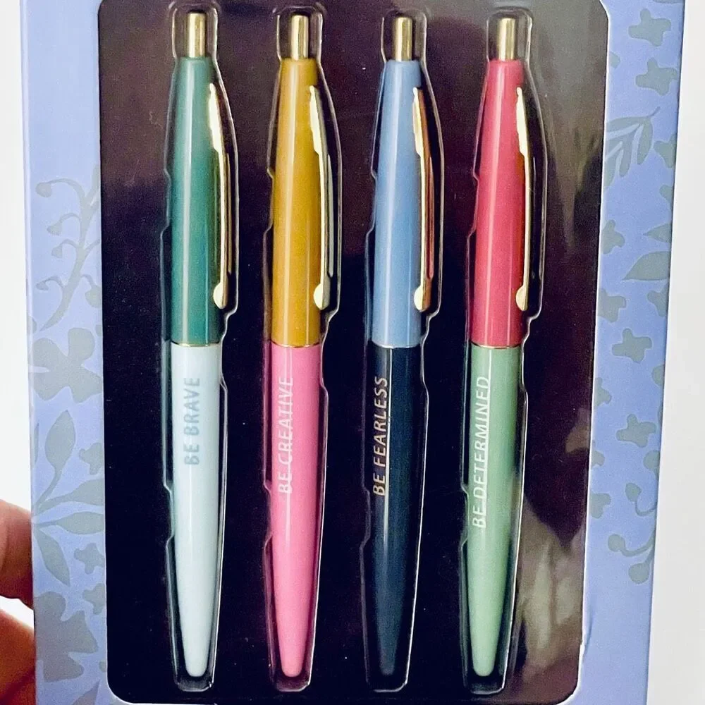 NWT ECCOLO set of 4 Inspirational graphic ballpoint Pens Gift Set Brave Fearless